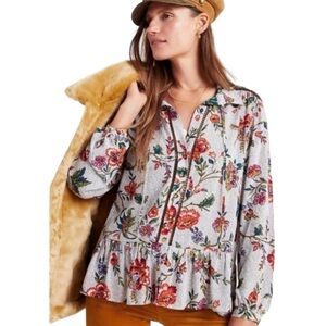 ANTHROPOLOGIE x MAEVE Janie Floral Flounce Peasant Top Blouse Boho Lace Size 10